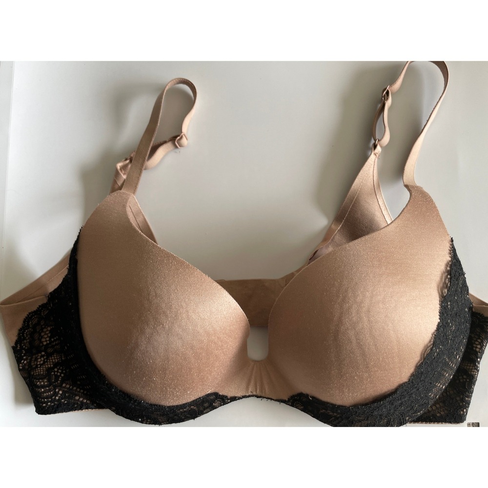 Victoria's Secret Push-Up Bra Tan Black Lace Trim Underwire 36C